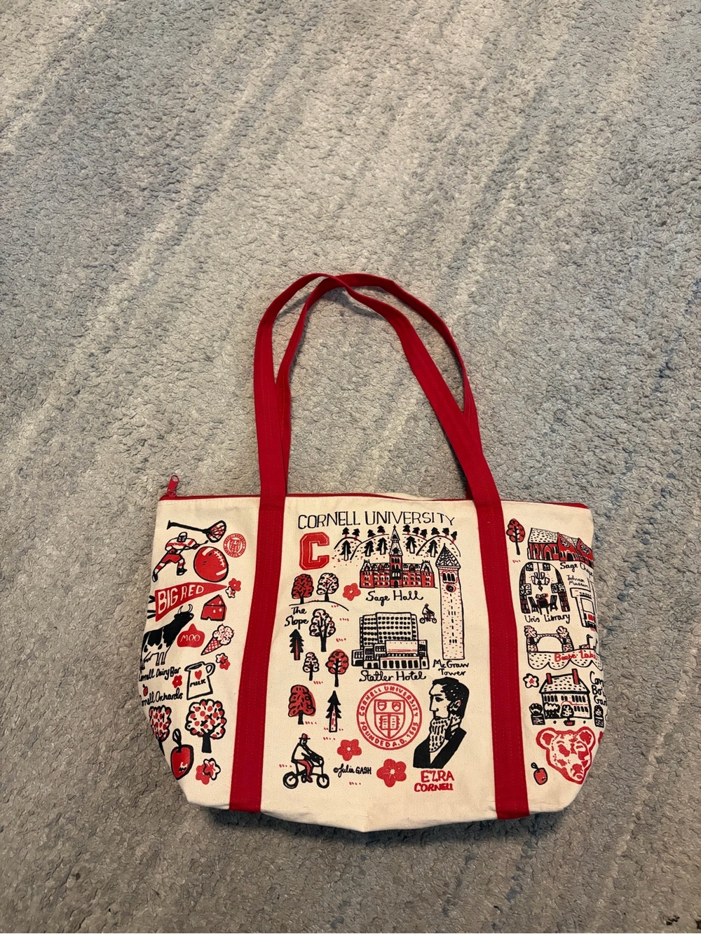 Julia Gash Cornell University Canvas Tote Bag Zipper Top Big Red Campus Art Red